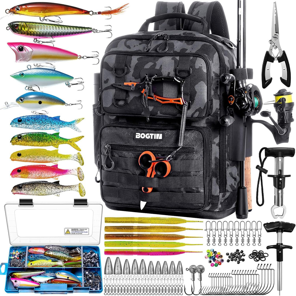 Fishing Backpack with Tackle Boxes and Rod Holders, Fishing Bag with Fishing Lure Kit Water-resistant Sling Tackle