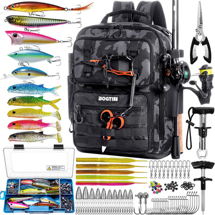 Fishing Backpack with Tackle Boxes and Rod Holders, Fishing Bag with Fishing Lure Kit Water-resistant Sling Tackle