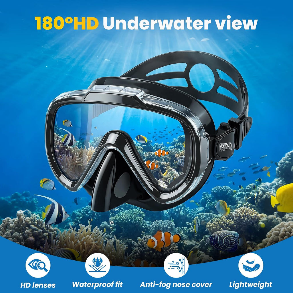 Snorkeling Gear for Adults Youth, Dry Snorkel Set with Ergonomic Raised Nose Cover for Anti-Fog with Mesh Bag, HD
