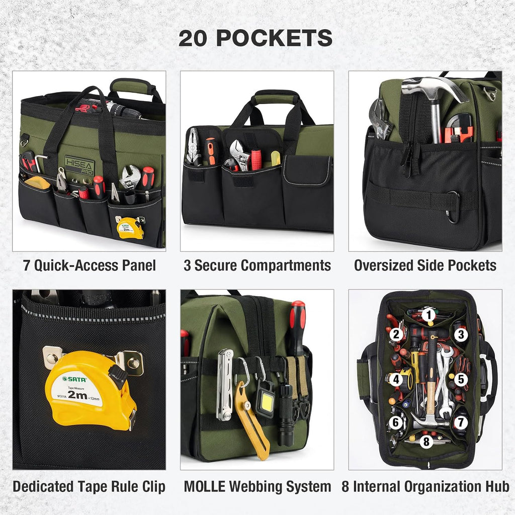 Heavy Duty Tool Bag 20 Pockets, 16-Inch Portable Tool Box Organizer, 600D Waterproof Wide Mouth Large Storage Toolbag