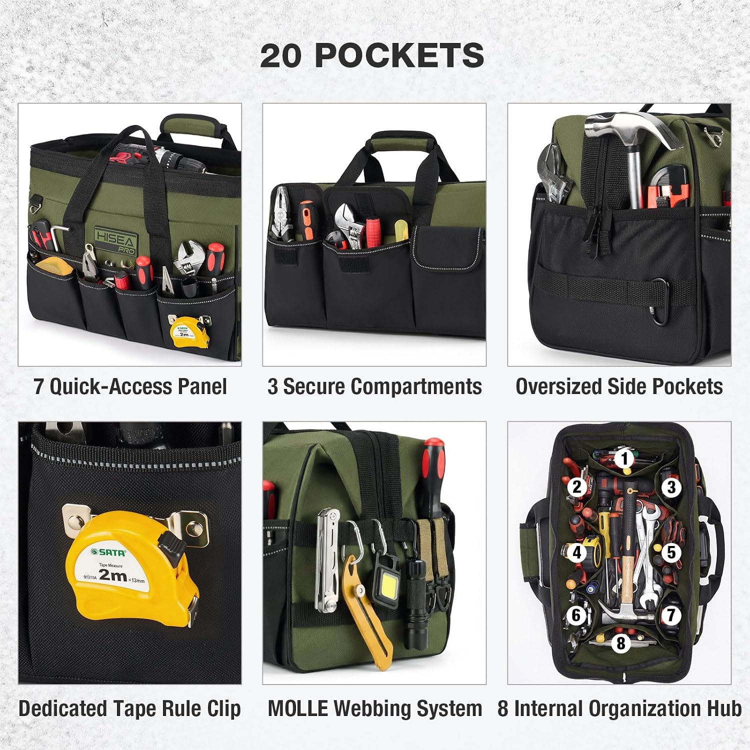 Heavy Duty Tool Bag 20 Pockets, 16-Inch Portable Tool Box Organizer, 600D Waterproof Wide Mouth Large Storage Toolbag