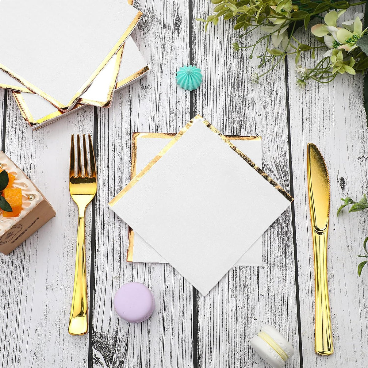 100 Pack 2 Ply Cocktail Napkins Gold Foil Edge 5x5 In,White