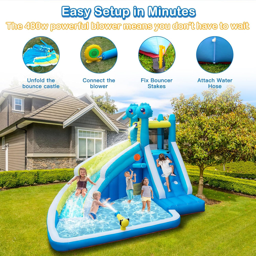 Inflatable Water Slide for Kids Backyard, 5-in-1 Bounce House with Climbing Wall, Splash Pool, Water Cannon &