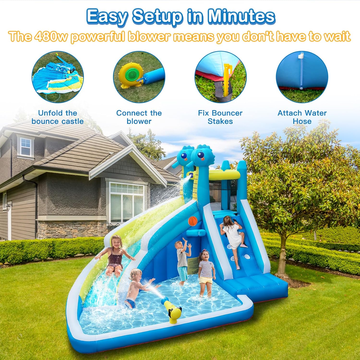 Inflatable Water Slide for Kids Backyard, 5-in-1 Bounce House with Climbing Wall, Splash Pool, Water Cannon &