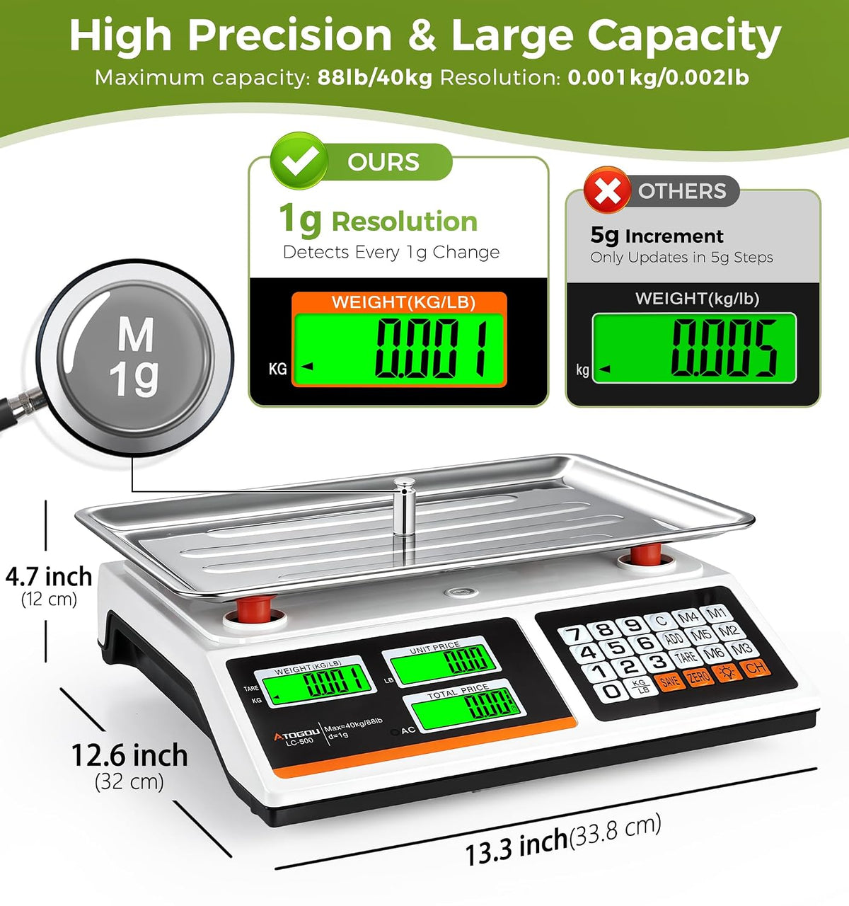 1g/ 88lb Price Computing Scale, Commercial Food Kitchen Scale