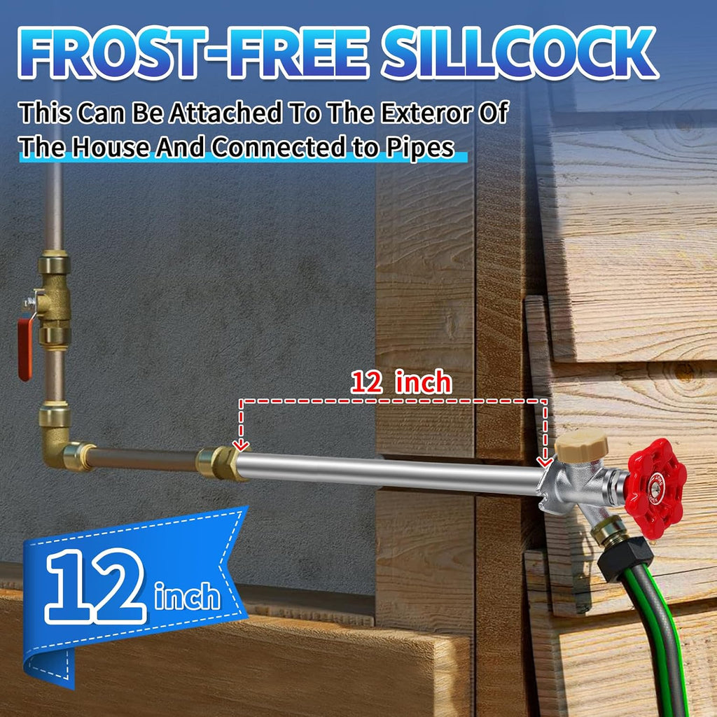 12inch Anti-Siphon Frost Free Sillcock Valve, No Lead Brass Freeze Proof Outdoor Water Faucet, 1/2" NPT X 3/4'' GHT