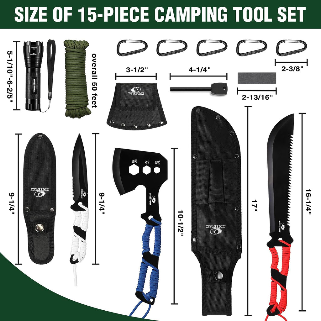 Hatchet and Machete Knife Set with Sheath | One-Piece Axe & Hunting Knives, Paracord Handle, Zoomable Flashlight &