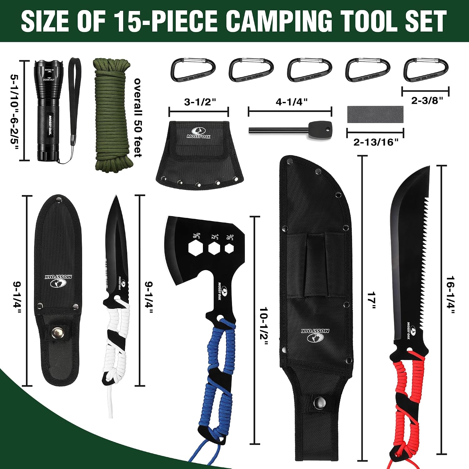 Hatchet and Machete Knife Set with Sheath | One-Piece Axe & Hunting Knives, Paracord Handle, Zoomable Flashlight &