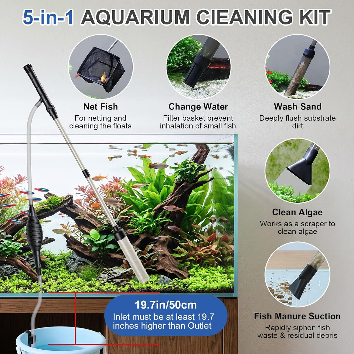 5-in-1 Aquarium Siphon Gravel Vacuum Kit with Fish Net, 3 Heads