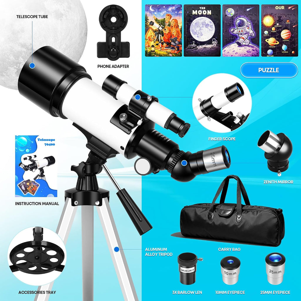 70mm Telescope for Kids & Adults Beginners with Space Puzzles | Refractor Telescope, Portable Travel Astronomical