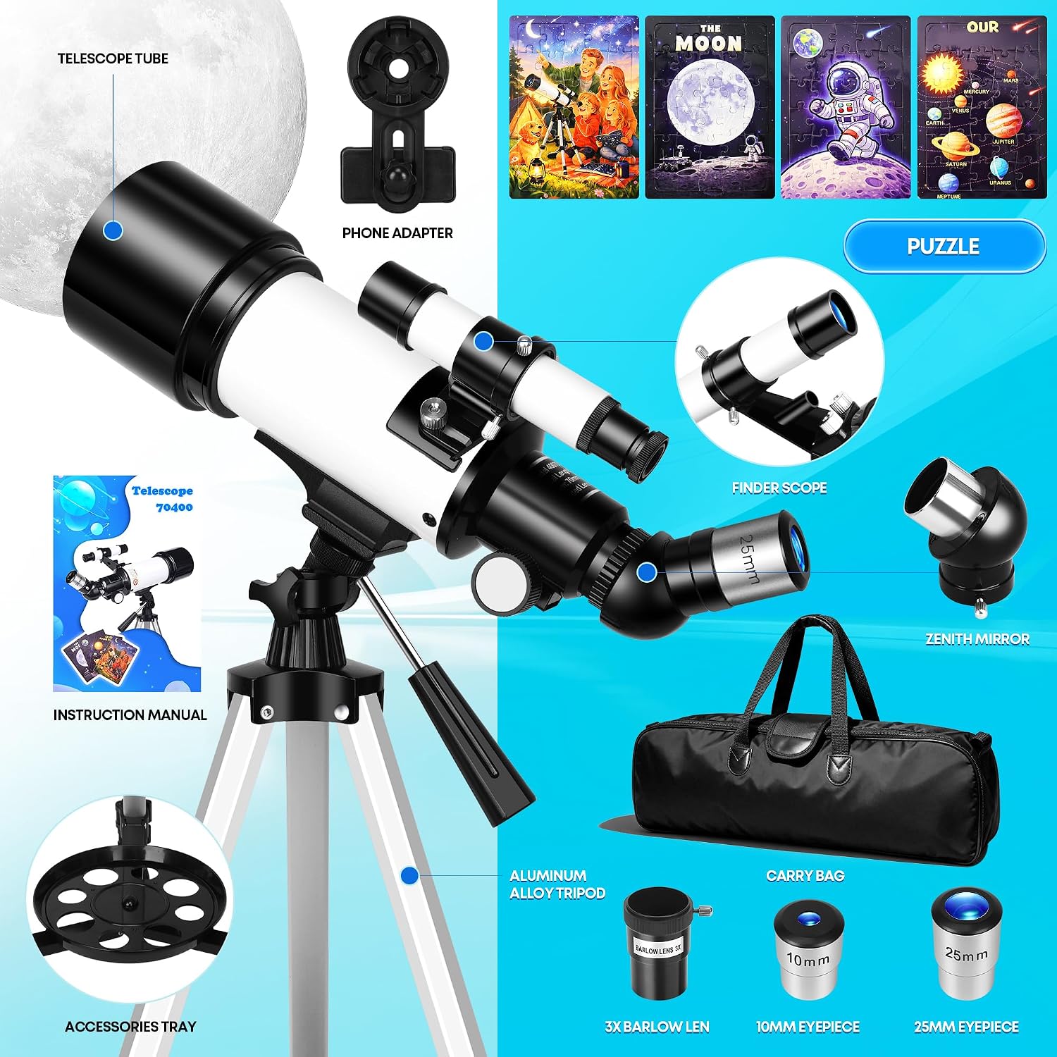 70mm Telescope for Kids & Adults Beginners with Space Puzzles | Refractor Telescope, Portable Travel Astronomical