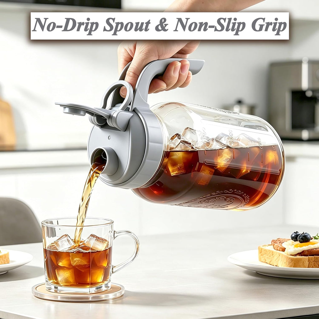 Cold Brew Coffee Maker 64oz Glass Mason Jar Pitcher with Pour Spout Lid | Airtight & Leak-Proof Glass Iced Coffee