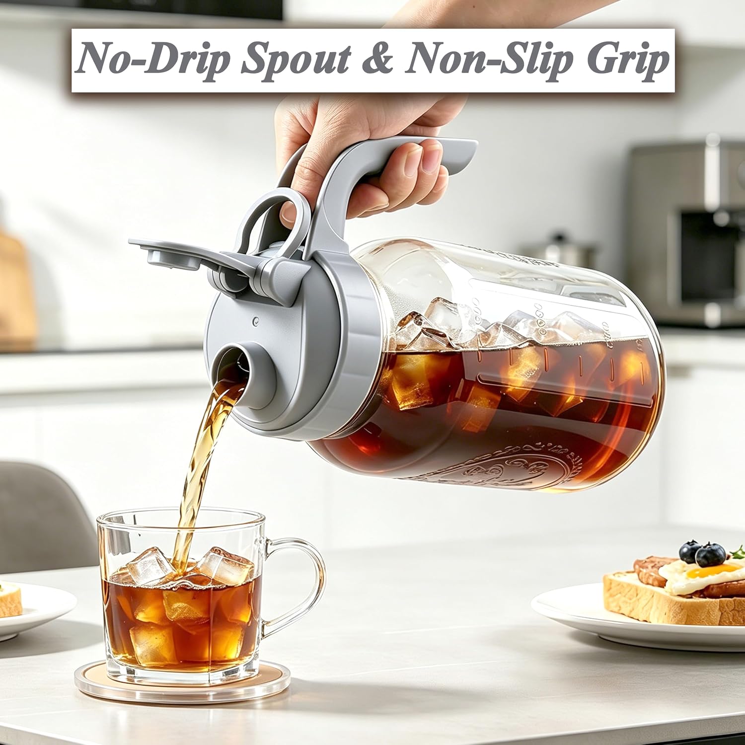 Cold Brew Coffee Maker 64oz Glass Mason Jar Pitcher with Pour Spout Lid | Airtight & Leak-Proof Glass Iced Coffee
