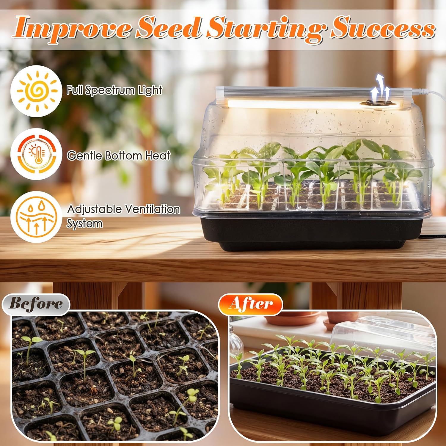 Seed Starter Tray with Grow Light and Heated Base for Faster Germination | T8 Full-Spectrum Light, 8.2in Adjustable
