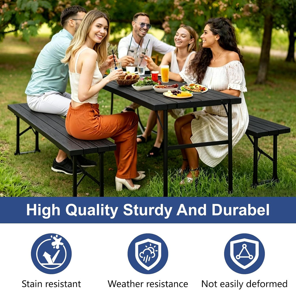 Folding Table with 2 Benches Set, 6FT Picnic Table with 2 Chairs, 3pcs Plastic Camping Tables and Foldable Bench Sets