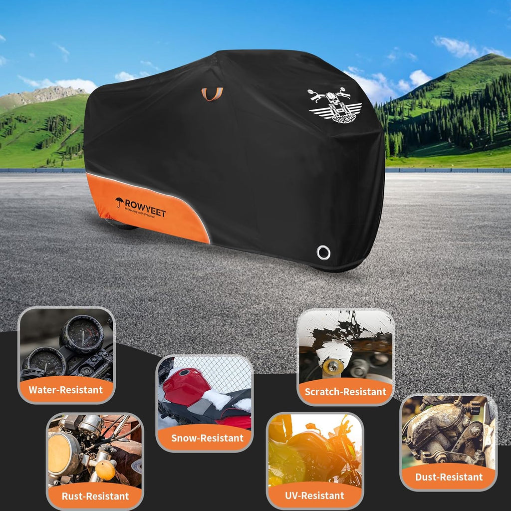 Motorcycle Cover Waterproof Outdoor Storage All Season Protection | 210D Orange, Fits up to 104", Lock-Holes, Storage