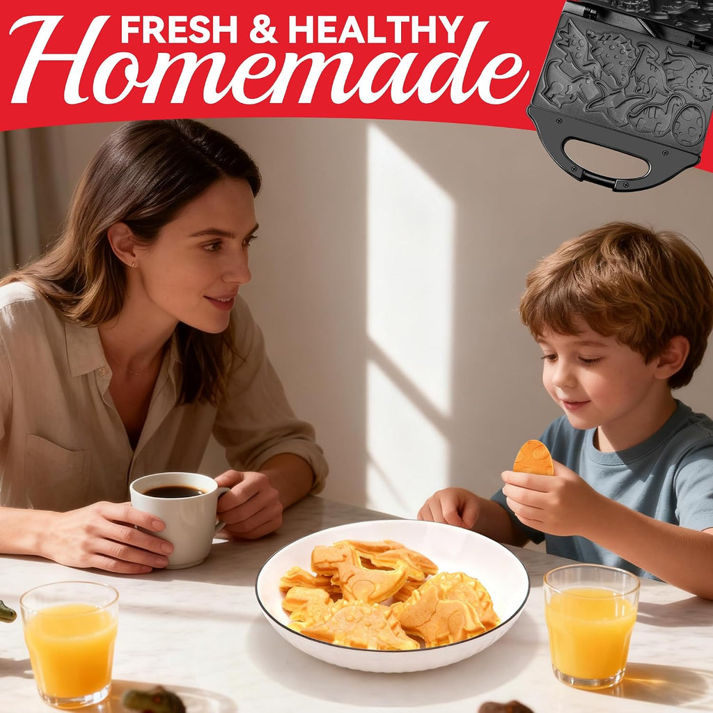 Dinosaur Mini Waffle Maker for Kids, Mini Pancake Maker Machine for Halloween, 8 Different Shaped Dinos in Minutes