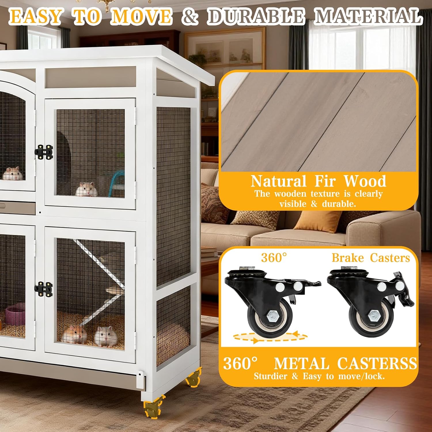 47" L Large Guinea Pig Cage with Wheels, Chew-Resistant Ramps | 2 Deep Pull-Out Trays, Hideout and 2-Story Layout for