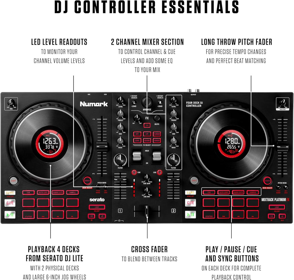 Mixtrack Platinum FX DJ Controller and ALTO TS408 Powered PA Speakers Pair for Live Music, DJ sets, Events, Music