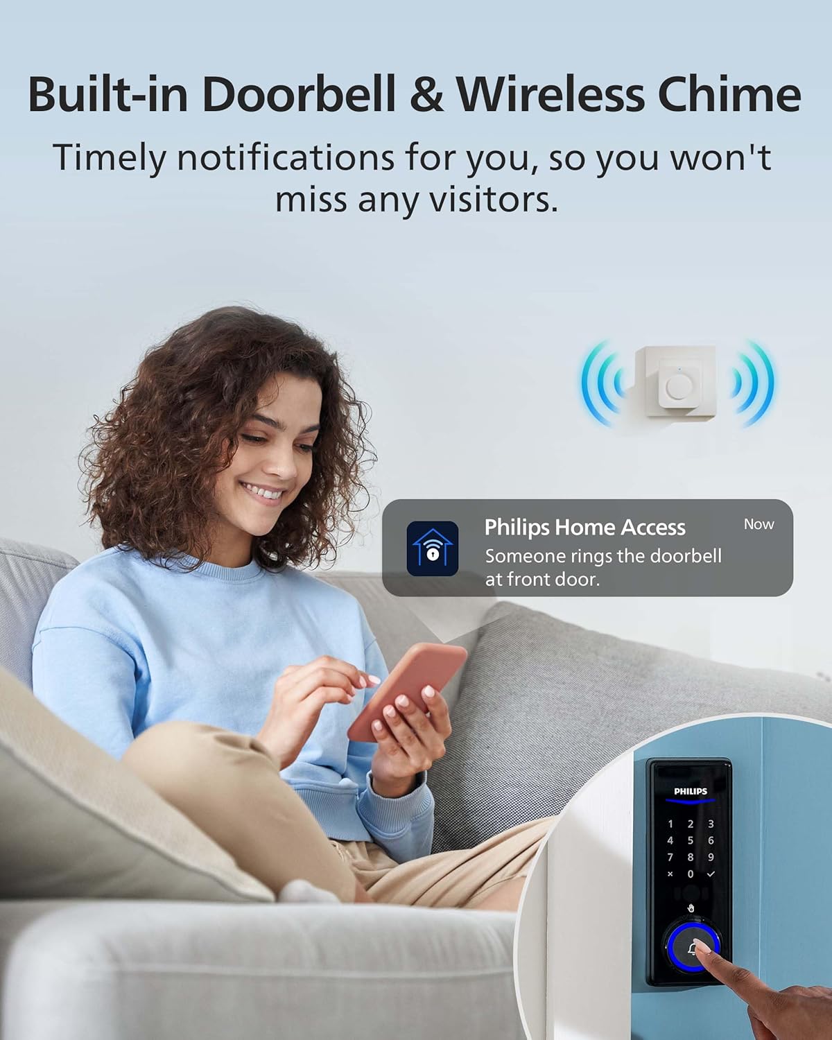 Philips Palm Vein WiFi Smart Lock, 2-in-1 Doorbell+Palm Vein Smart Locks for Front Door, APP Remote Control, Work