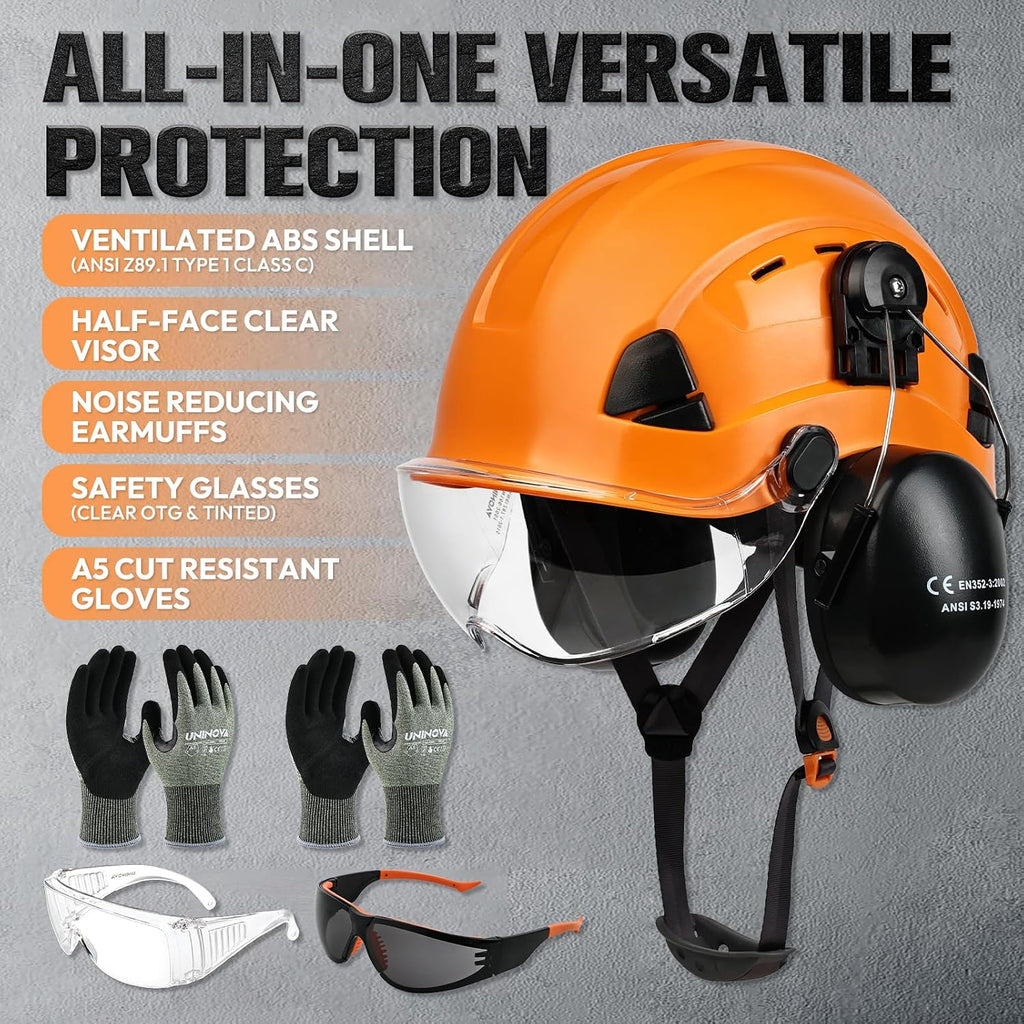 Arborist Helmet Kit with Visor, Earmuffs, A5 Gloves & Glasses | Vented Climbing Hard Hat for Landscapers, Brush