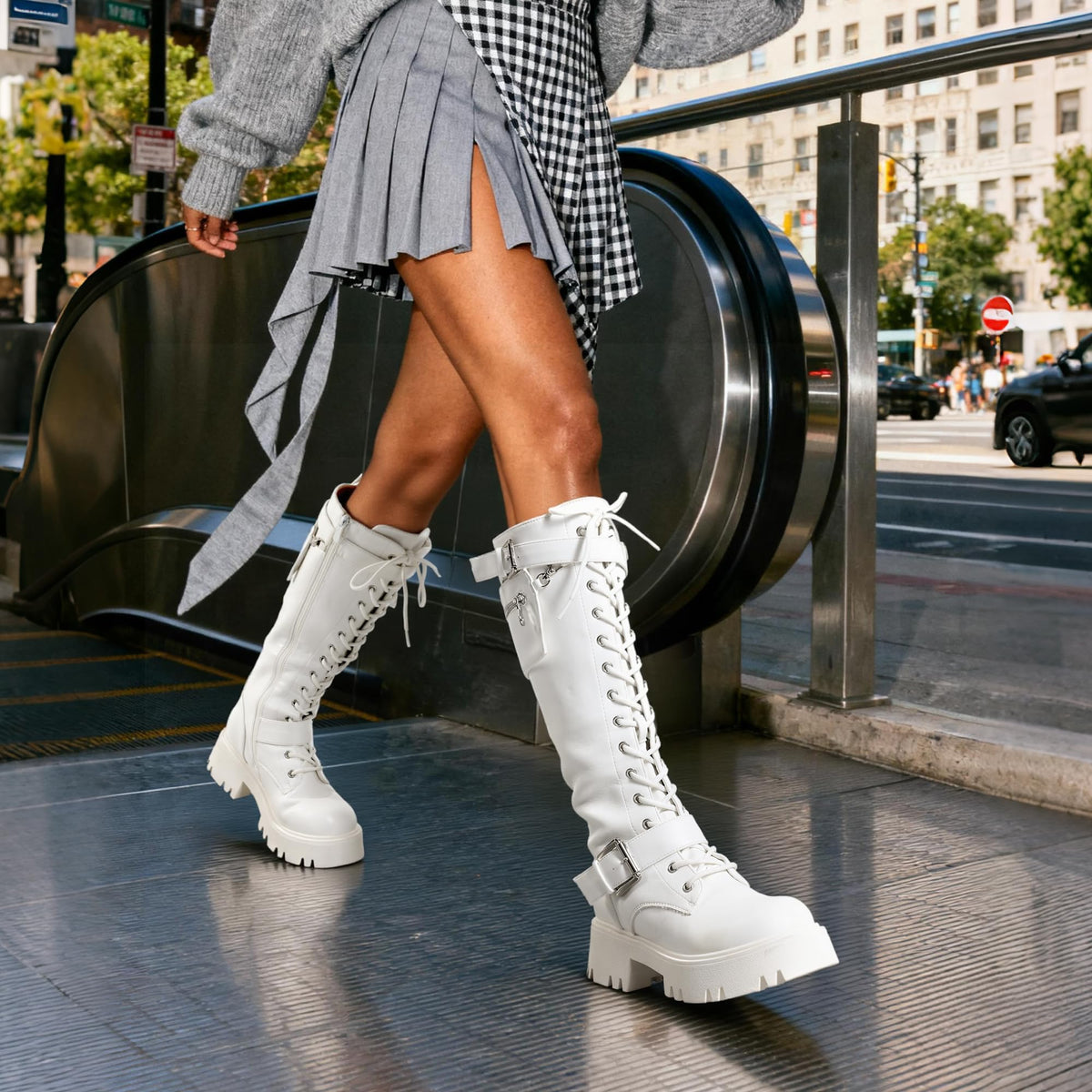 Womens Knee High Combat Boots Platform Heels,White,6