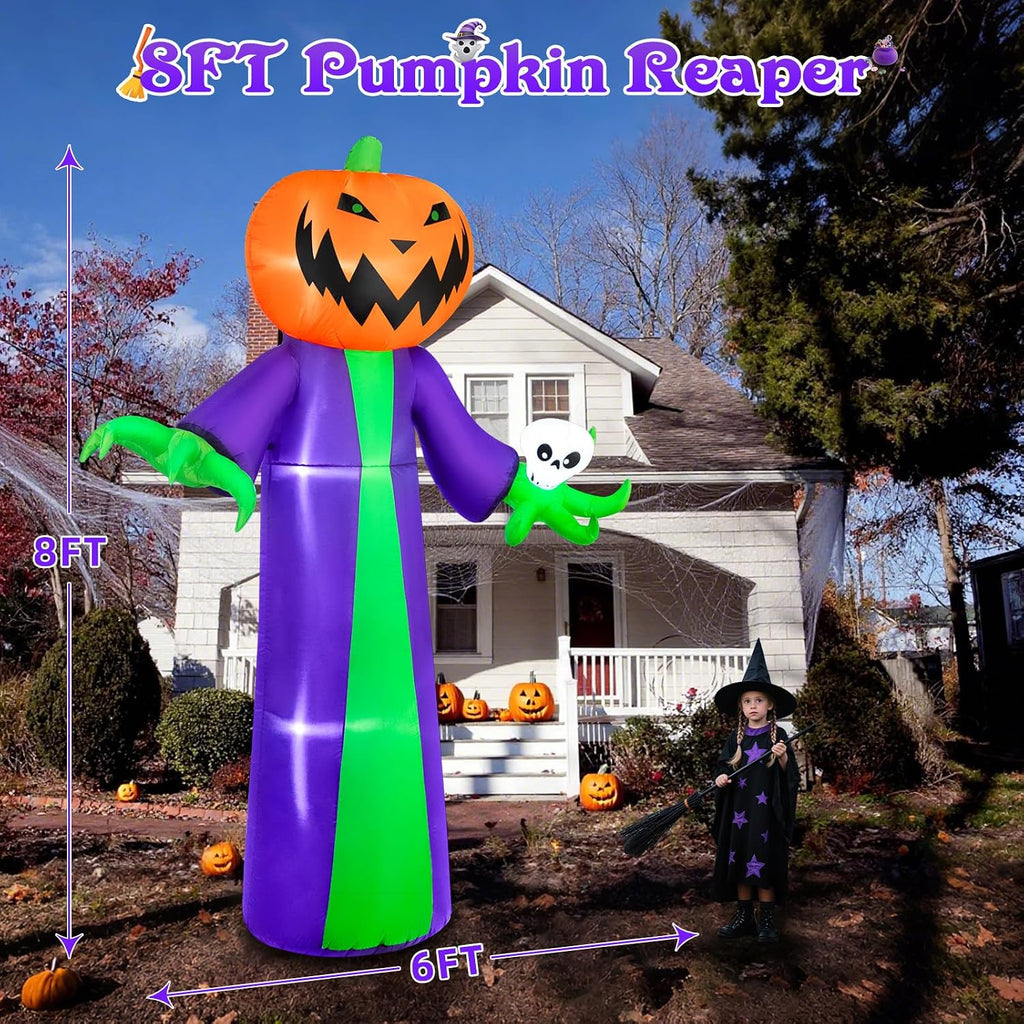 8FT Halloween Inflatables Outdoor Decorations, Inflatable Pumpkin Reaper Halloween Decorations Holds Skull Blow Up