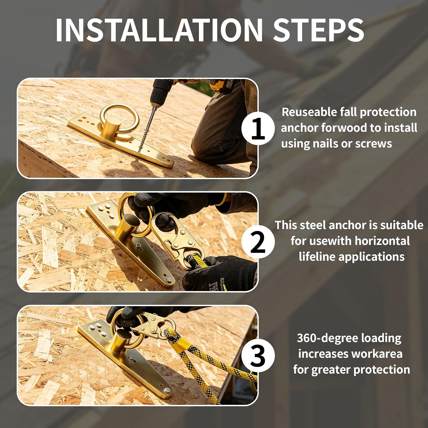 Reusable Roof Anchor for Fall Protection, Gold-Plated Steel