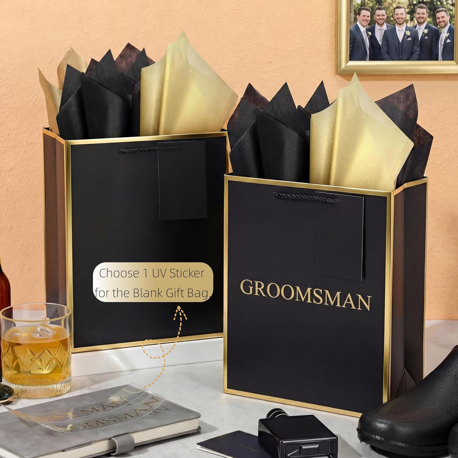 6 Pack Groomsmen Gift Bags with Tissue Paper, Medium, Black Gold