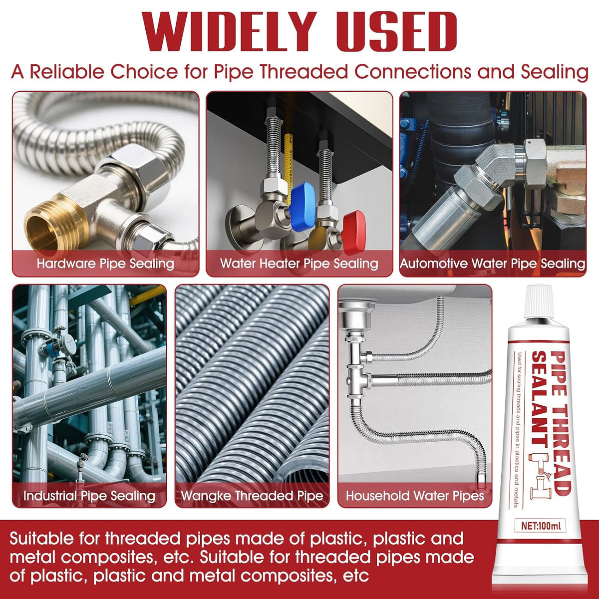 Pipe Thread Sealant, Lubricates & Seals Threads, Leak-Proof 100ml | High Vibration & Temperature Resistant,Leak-Proof