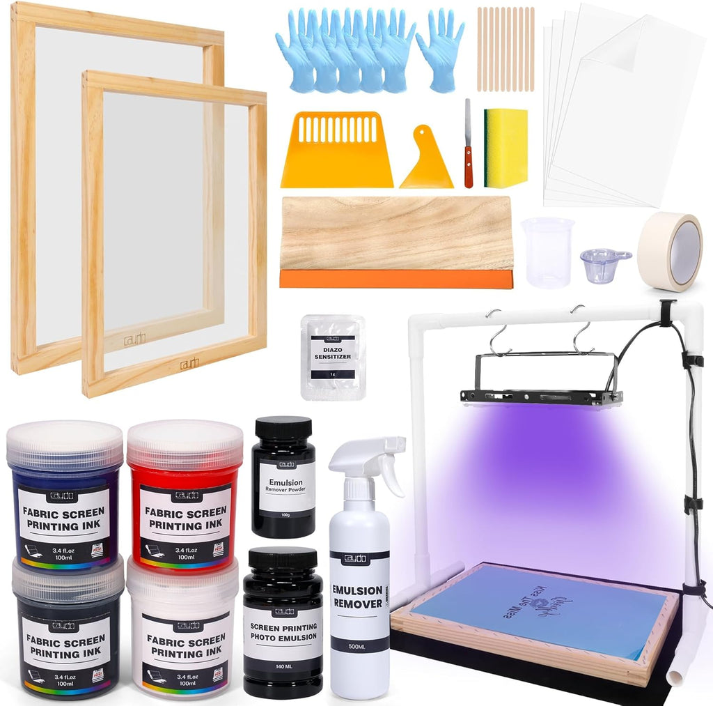 51PCS All-in-One Screen Printing Kit with 50W LED UV Screen Printing Light, 4 Colors Screen Printing Ink, Photo