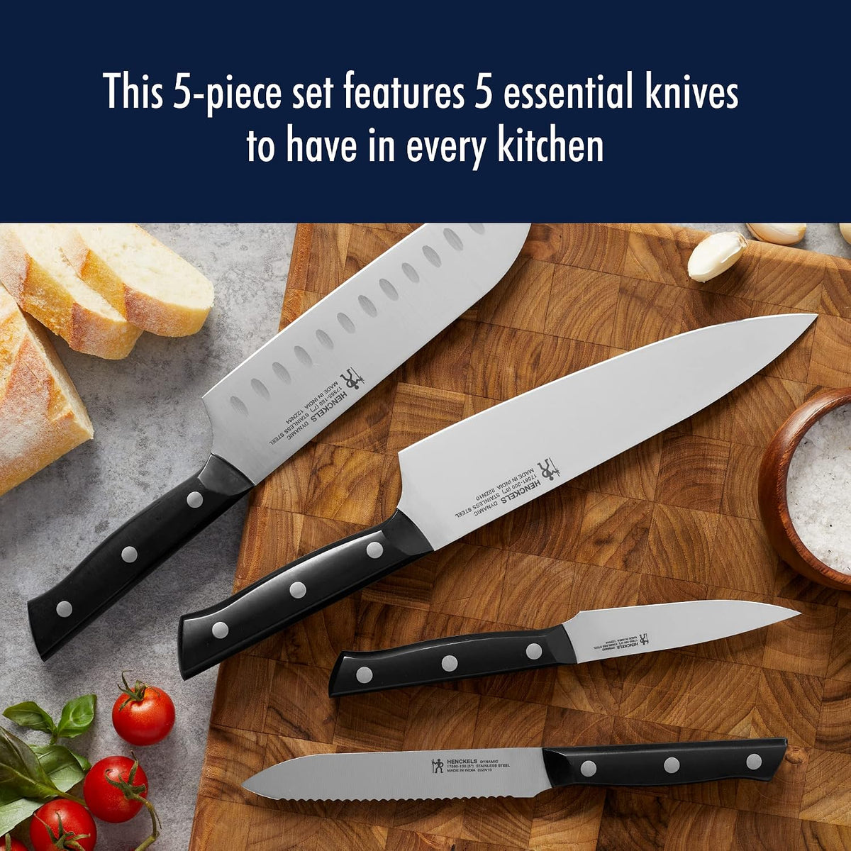 Dynamic 5-Pc Knife Set with Chef, Bread, Utility, Paring, Santoku