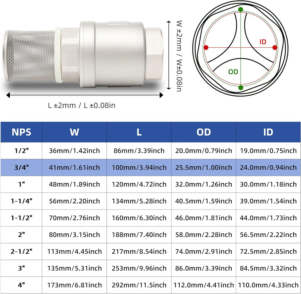 3/4" NPT Foot Valve with Filter, Stainless, Heavy Duty, Female Thread, DN20