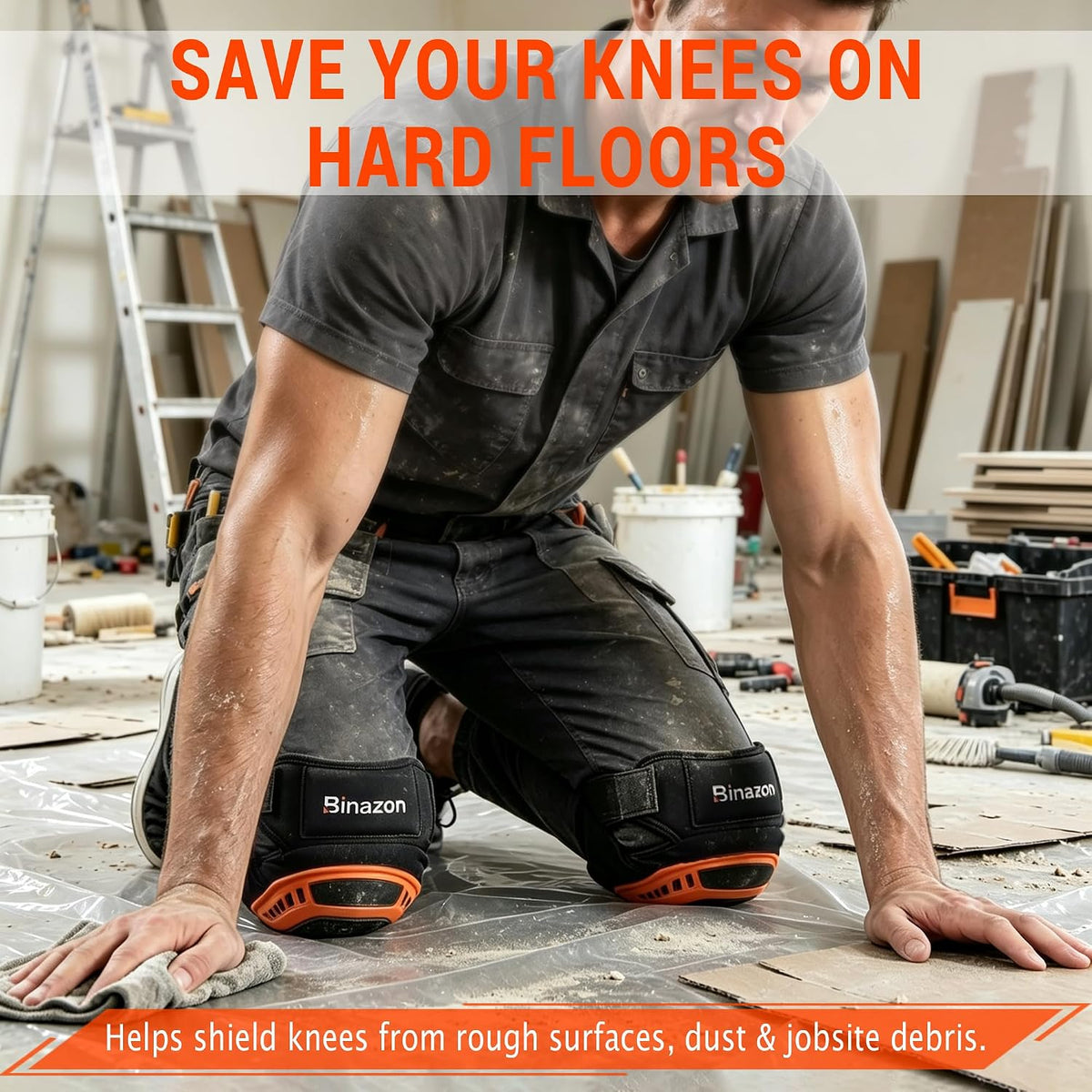 Heavy Duty Knee Pads for Work, Gel Cushion, Adjustable Straps, Orange