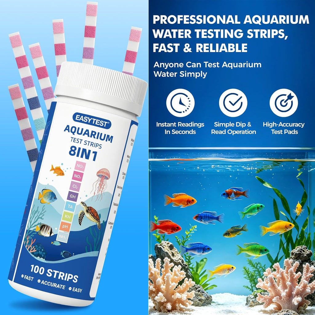 8-Way Aquarium Test Strips with Ammonia, 100PCS Fish Tank Test Kit
