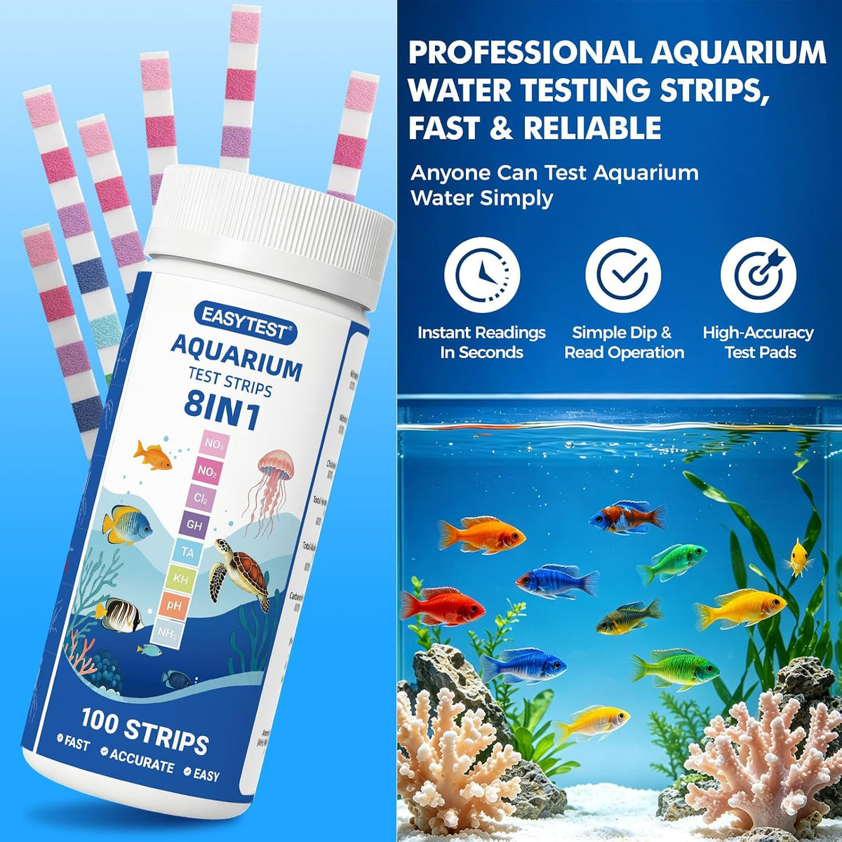 8-Way Aquarium Test Strips with Ammonia, 100PCS Fish Tank Test Kit