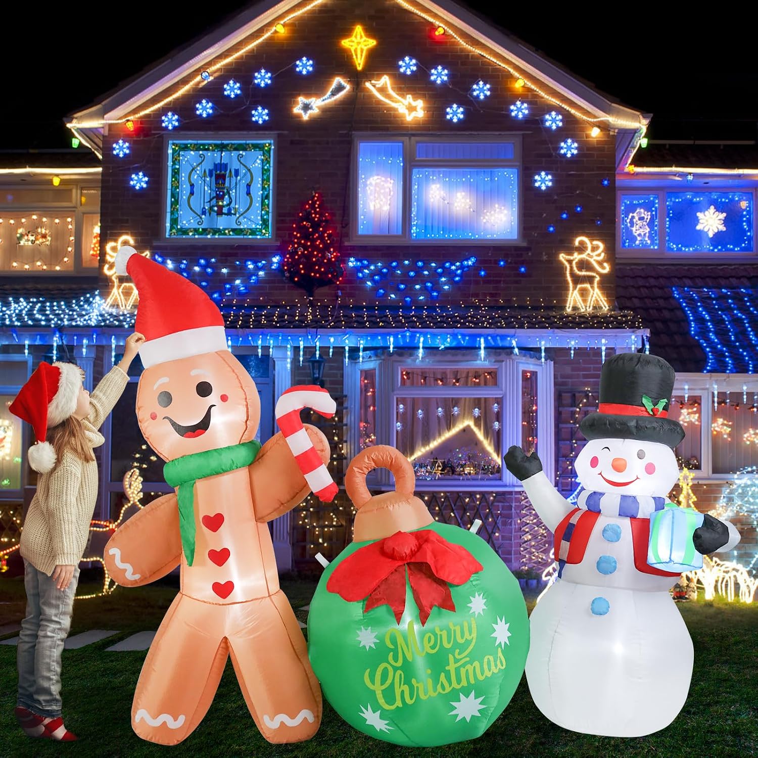 6.2 FT Christmas Inflatable Outdoor Gingerbread Man with Snowman | Built-in Bright LED Light, Christmas Blow