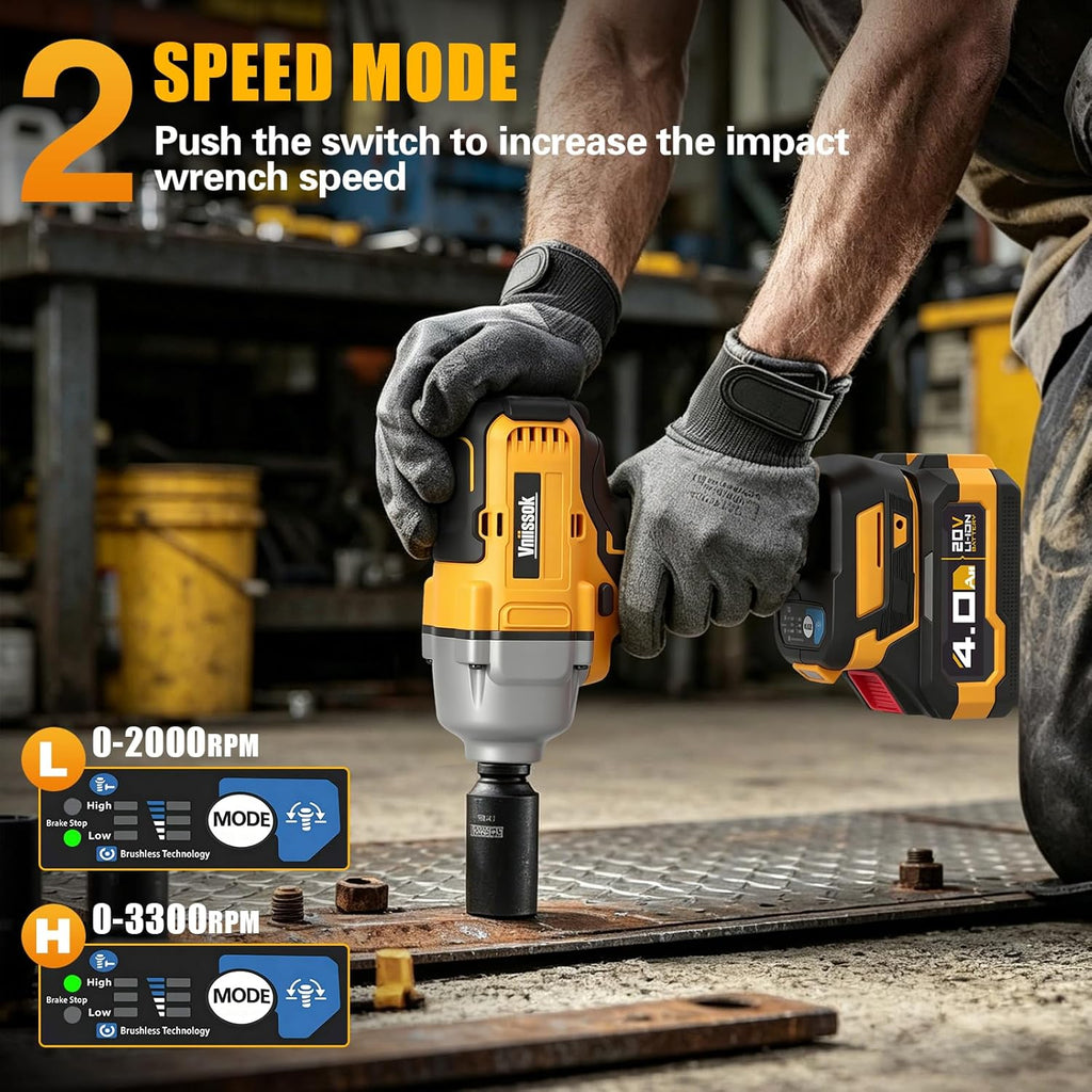 Cordless Impact Wrench, 900Ft-lbs (1200N.m) 1/2" Brushless Impact Gun with 2x 4.0Ah Battery, Fast Charger & 3