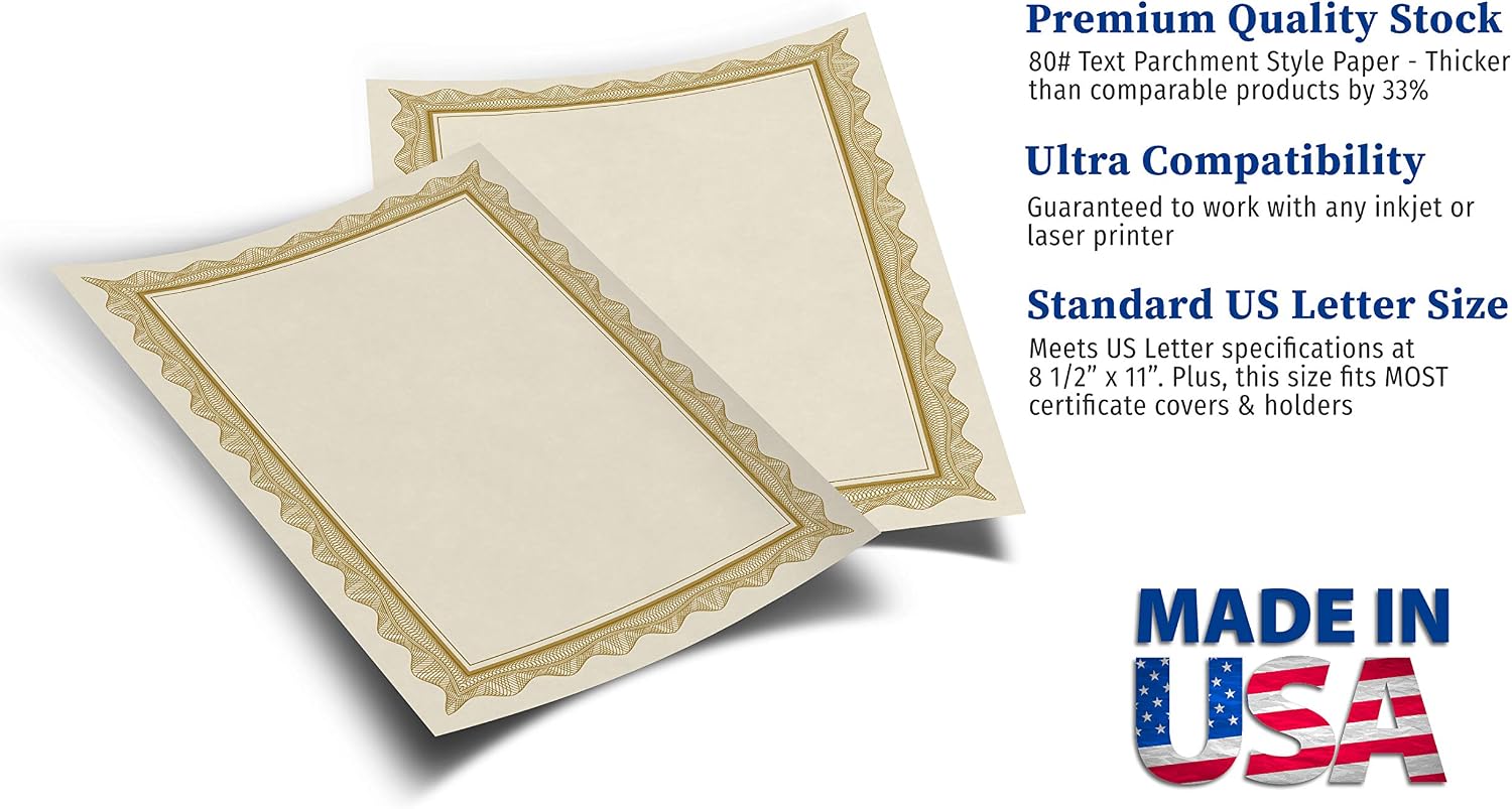 Blank Parchment Certificate Paper for Awards - Works with Inkjet/Laser Printers - Measures 8 1/2" x 11" - Gold Border