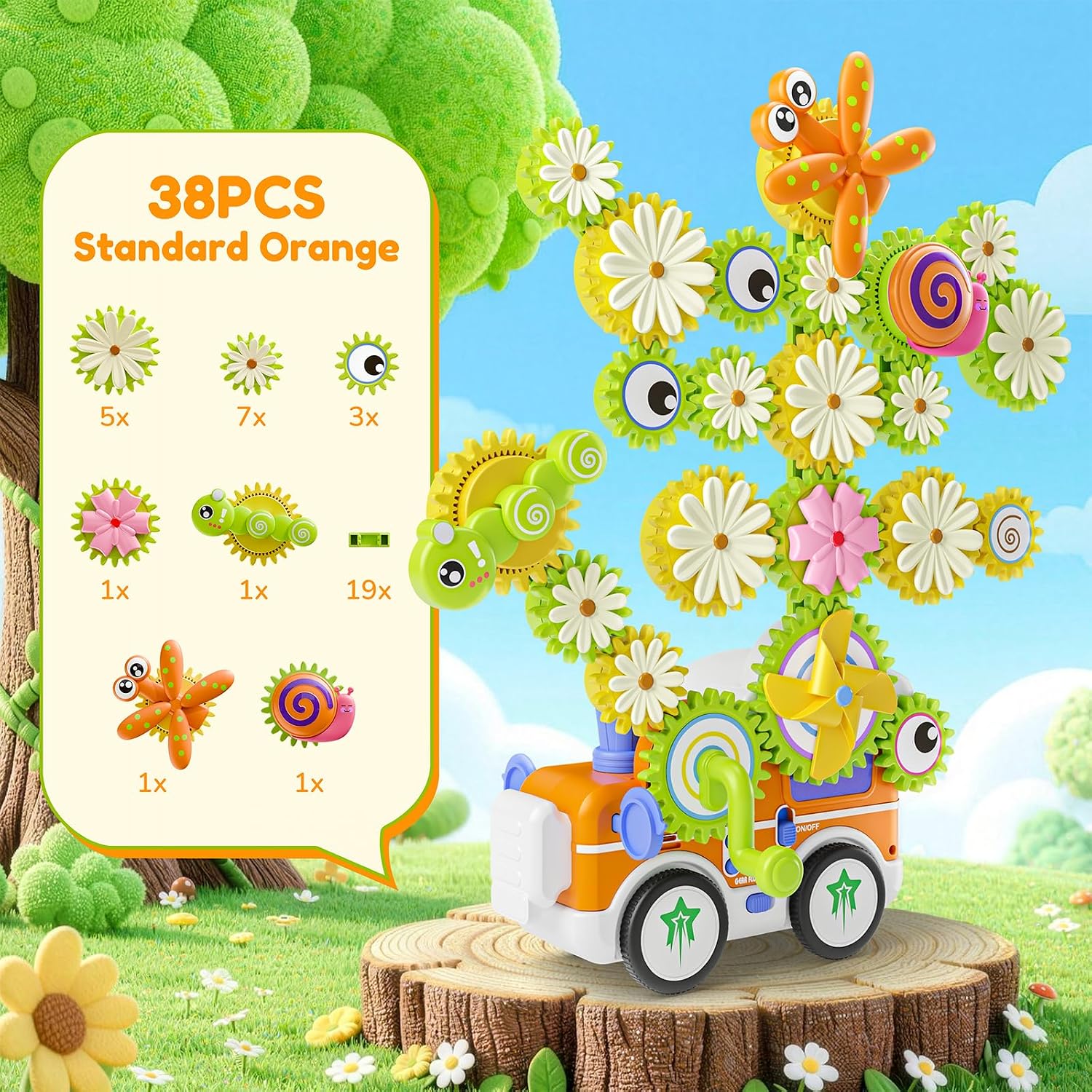 Gears Building Toys for Kids Ages 3+, STEM Construction Set for Toddlers, Train and Flower Models with Electric &
