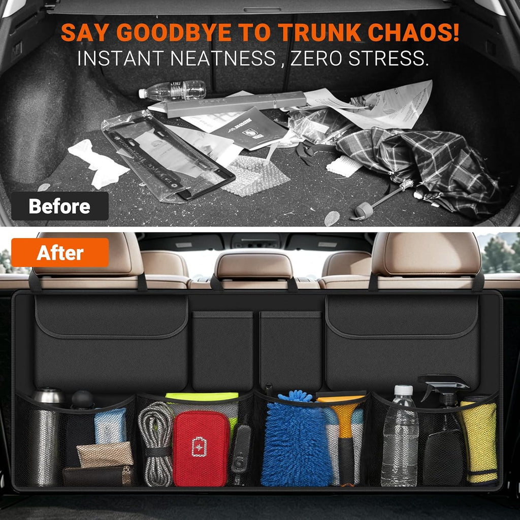 Car Trunk Organizer, Large Capacity Backseat Trunk Storage Organizer with 8 Pockets, Foldable SUV Cargo Organizer for