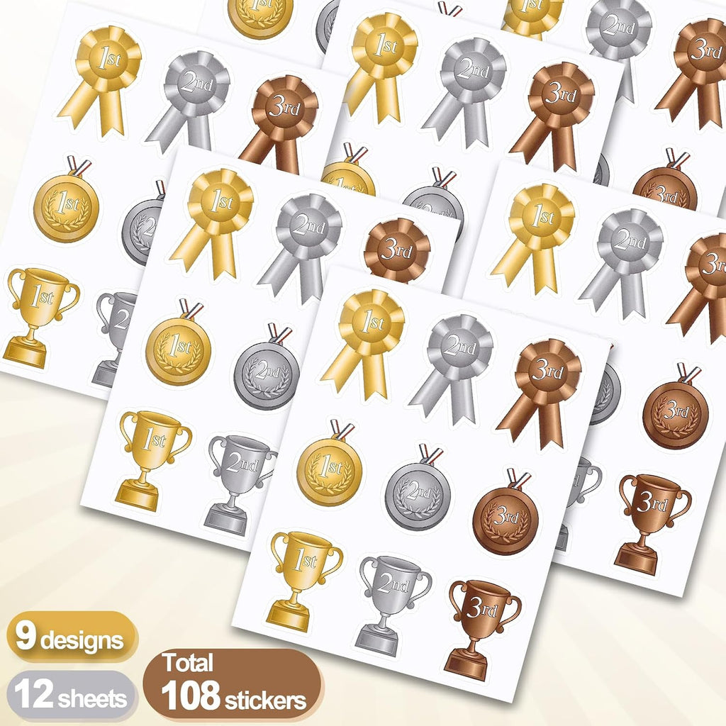108 Pcs Assorted Award Ribbon Stickers Self Adhesive Gold Silver Bronze Medals Classic Trophy Rosette 1st 2nd 3rd