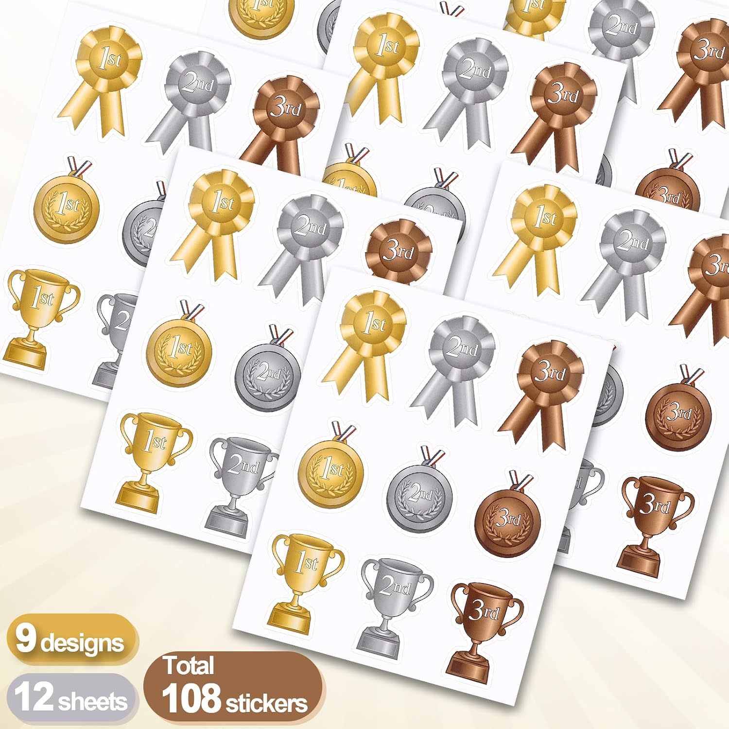 108 Pcs Assorted Award Ribbon Stickers Self Adhesive Gold Silver Bronze Medals Classic Trophy Rosette 1st 2nd 3rd