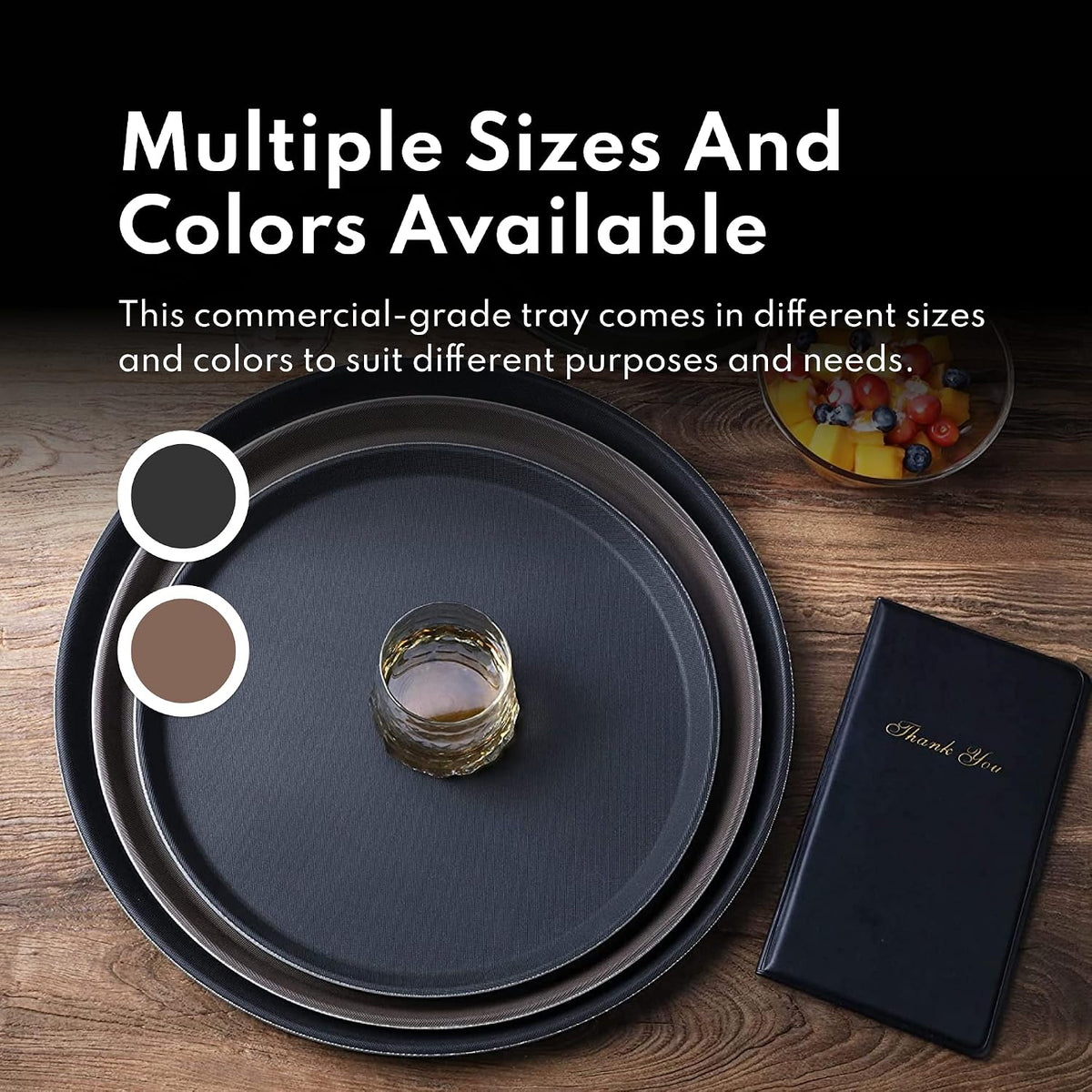 Non-Slip Serving Tray, 18 Inch Round Black Plastic