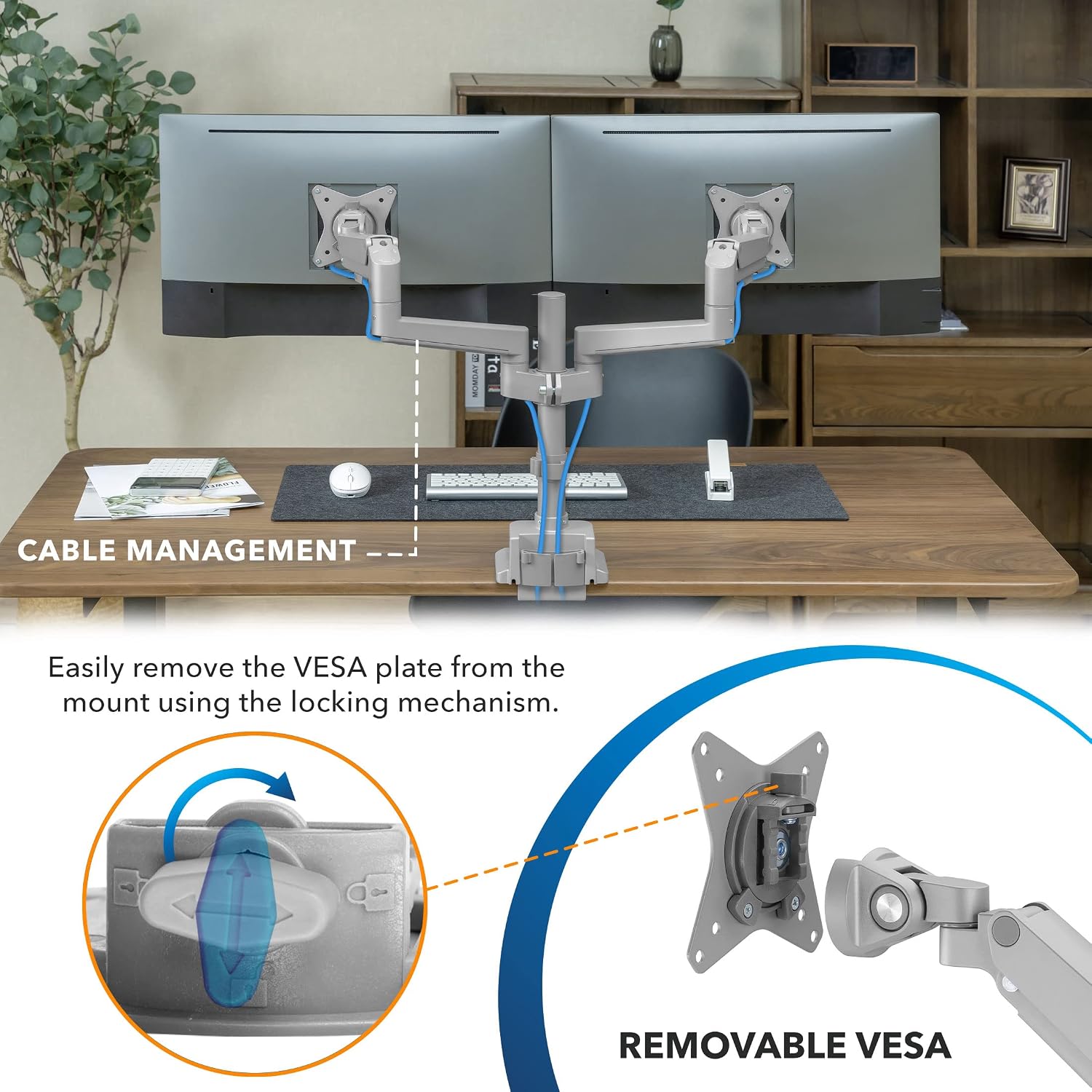 Dual Monitor Mount - Monitor Stands for 2 Monitors, Computer Arms on Desk Stand, Gas Spring Height Adjustable Desk