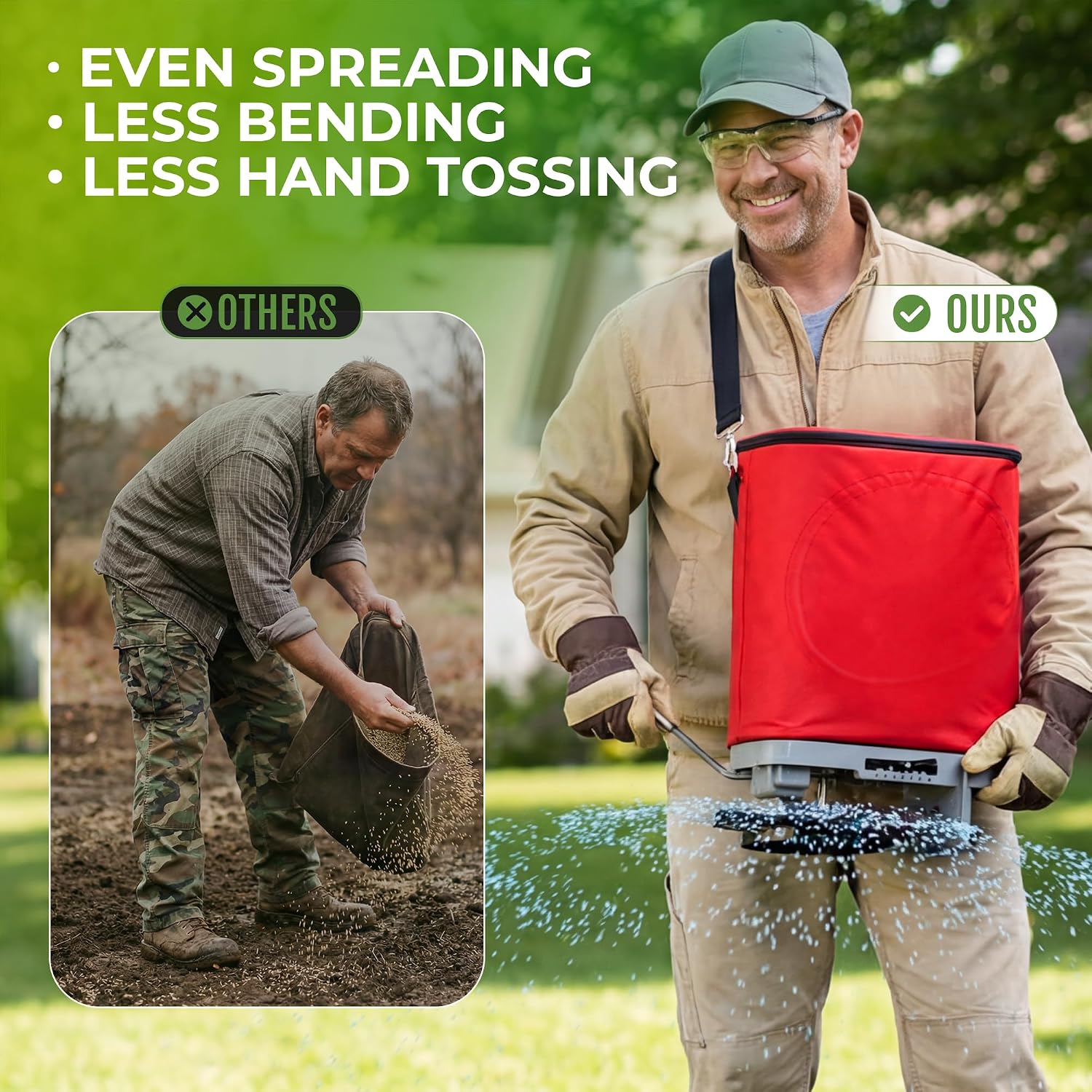 25lb Handheld Bag Seed Spreader with Enclosed Metal Gears, Rear Baffle, Adjustable Flow Control, Durable Oxford Bag