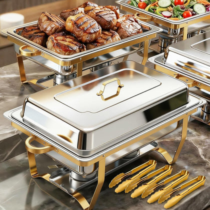 9QT 4 Pack Rectangular Chafing Dishes for Buffet | Stainless Steel Golden Chafers Sets with 4 Serving Tongs