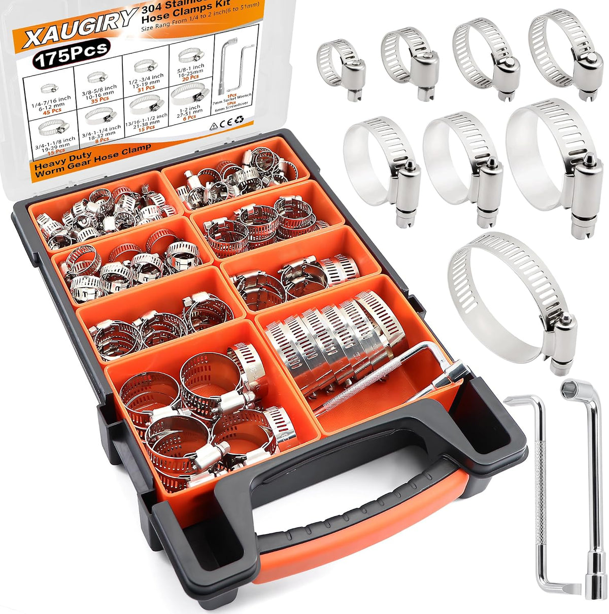 175Pcs Worm Gear Hose Clamps Kit 1/4"-2"(6-51mm) with Tools for Pipeline