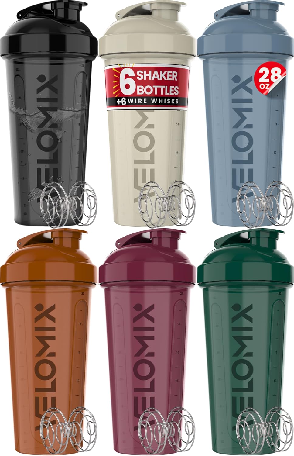 6 Pack 28oz Protein Shaker Bottle for Protein Mixes, Earth Tones | 6x Wire Whisk, Leak Proof Shaker Cups for Protein
