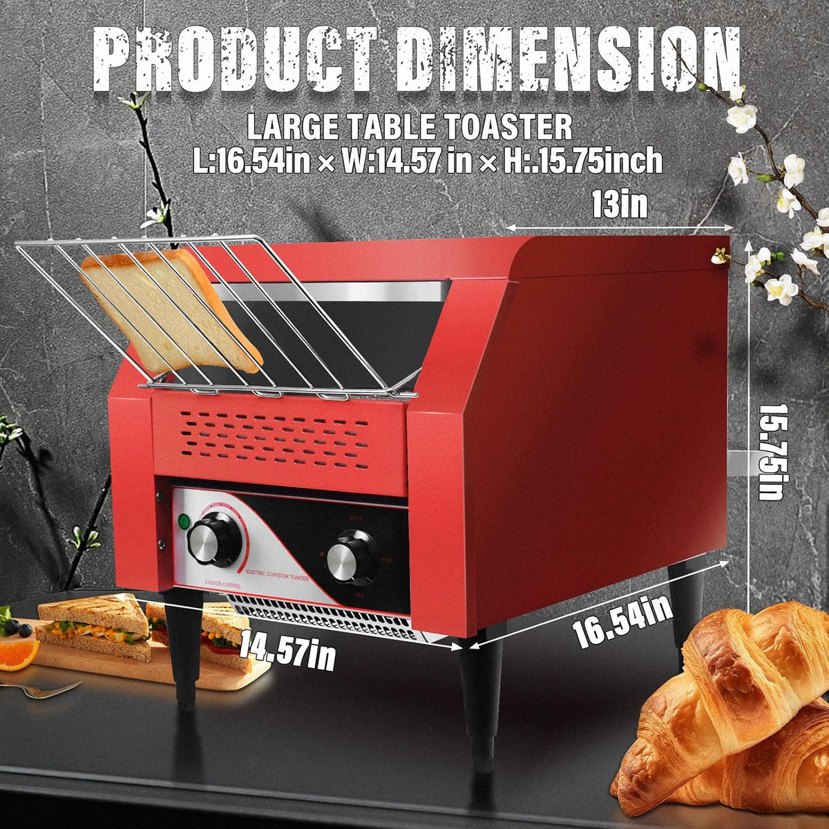 Commercial Conveyor Toaster 300 Slices/Hour Red Conveyor Toaster 3 Modes/7 Speeds Stainless Steel Tabletop Toaster
